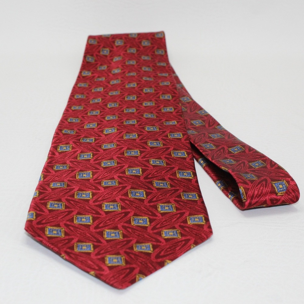 Ferrell Reed Silk Tie Red Geometric Blue Gold Squares Made in USA Hand Made